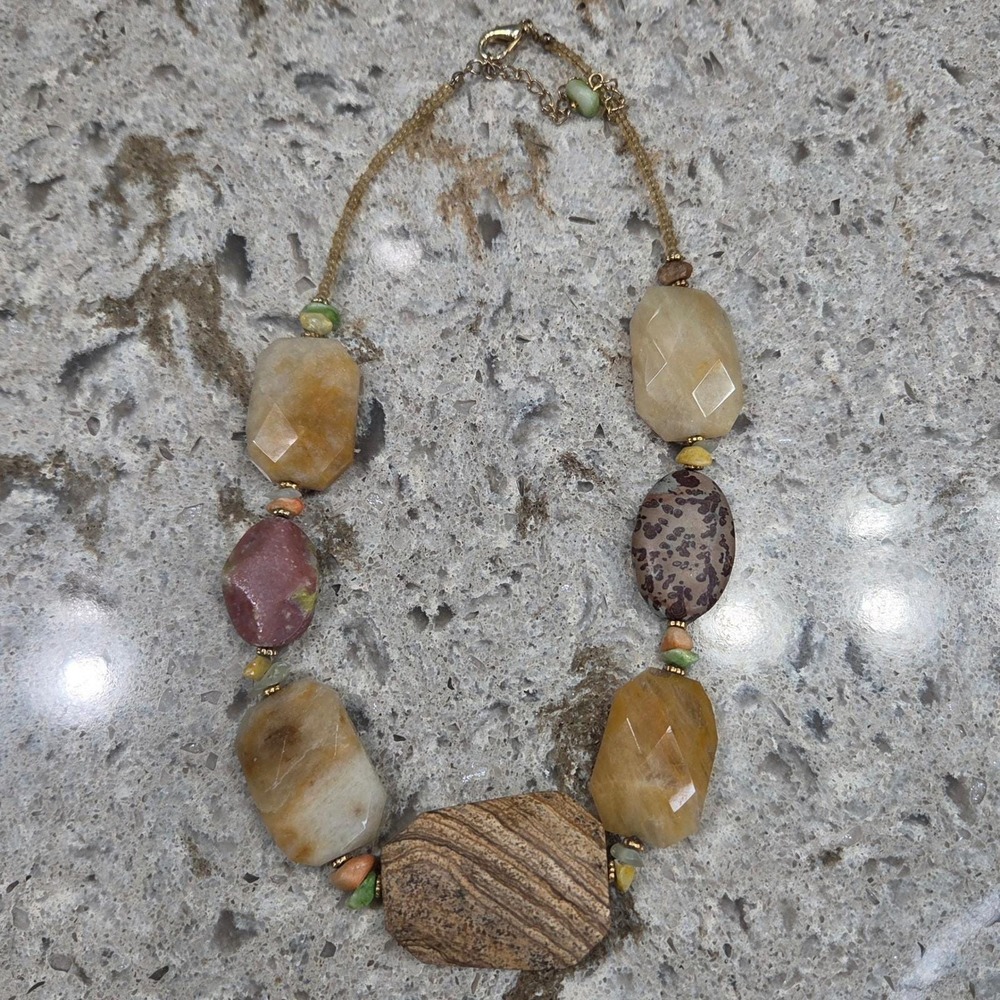 Vintage Natural Stone Chunky Necklace Earthy Picture Jasper Quartz Boho Gold